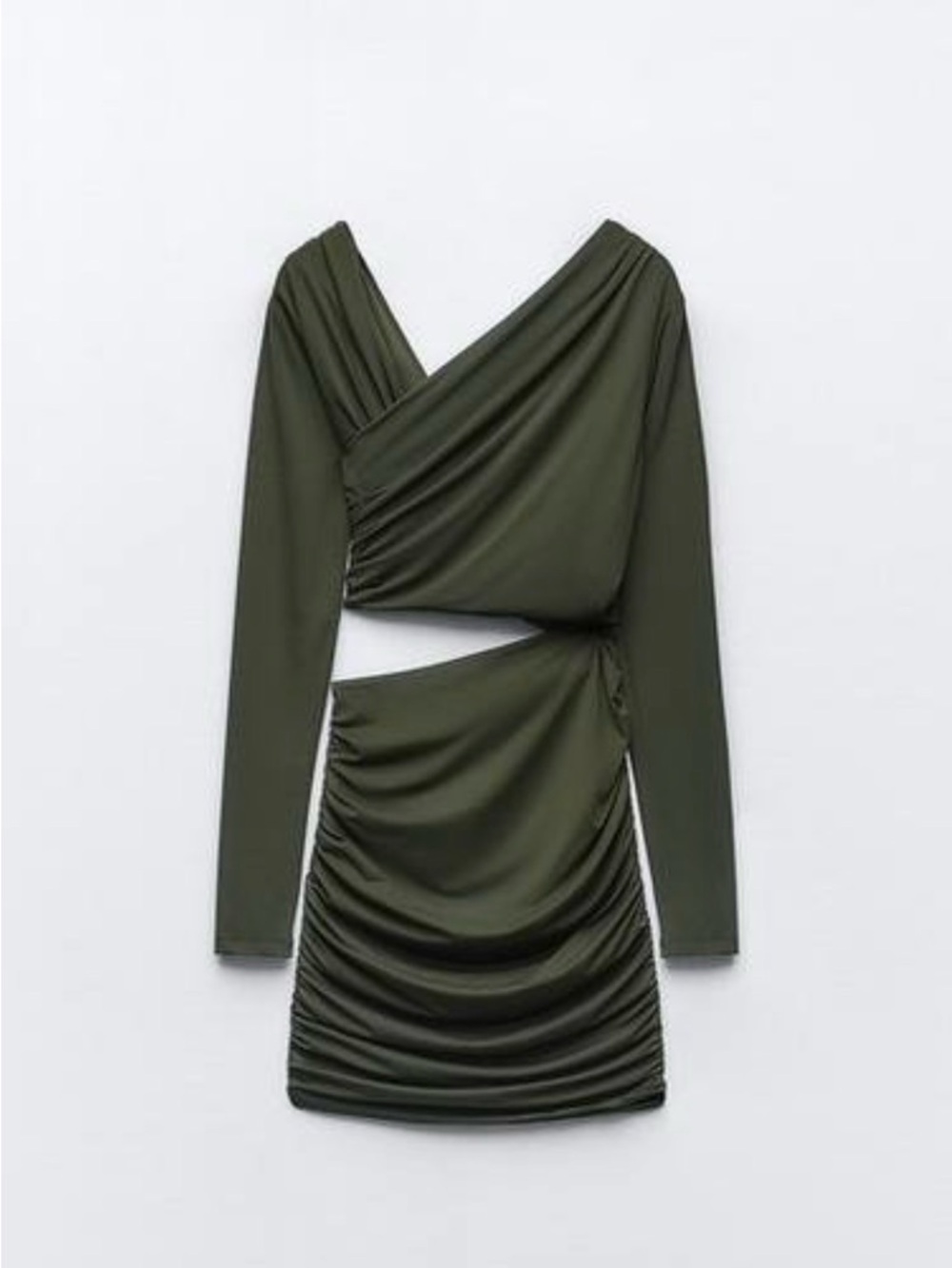 Zara Olive Green Long-Sleeve Ruched Cutout Dress